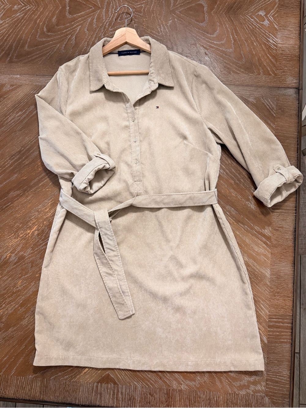 Tommy Hilfiger Beige Corduroy Shirt Dress with Self-Tie Belt